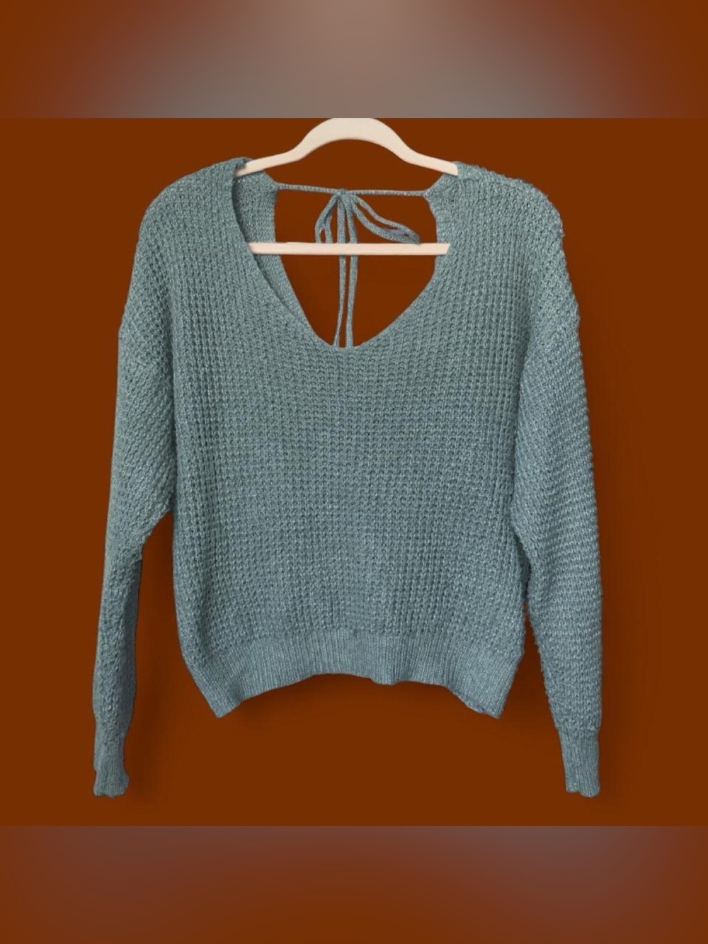 SHEIN Dusty Teal V-Neck Tie-Back Knit Sweater